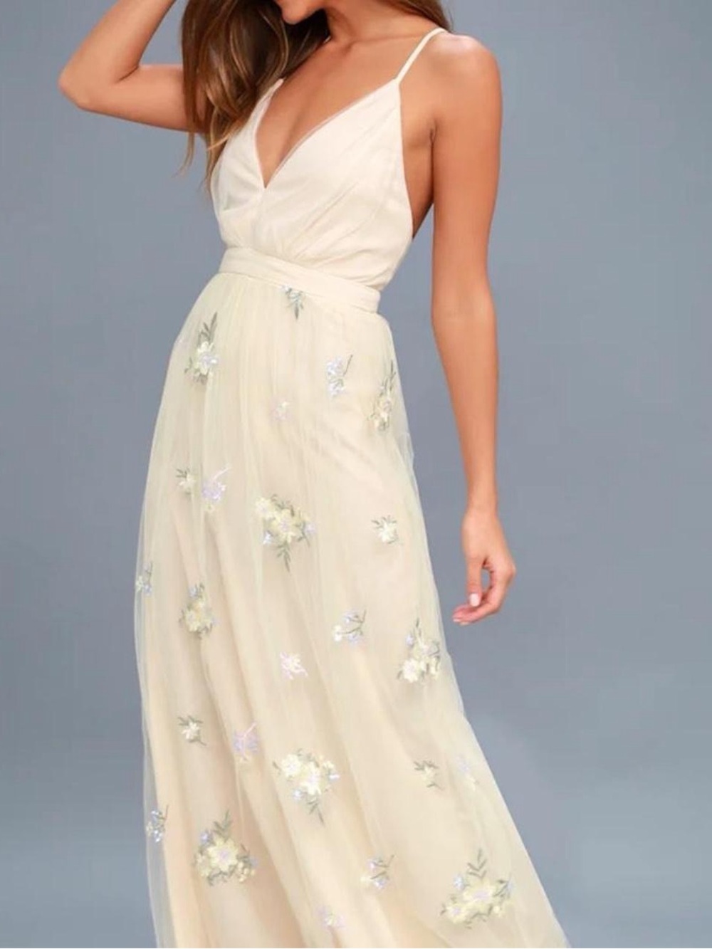 Lulu's Cream Floral Appliqué Spaghetti-Strap Maxi Dress